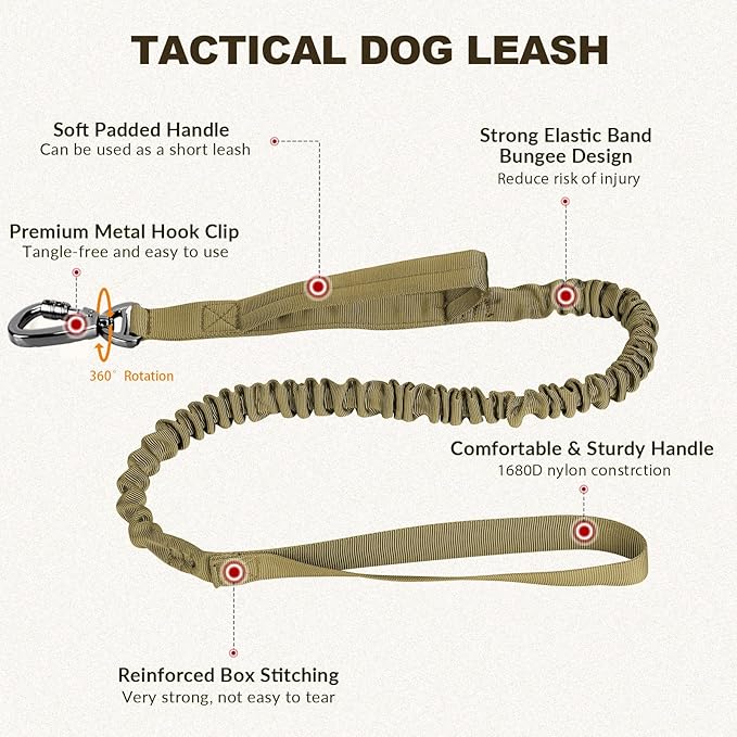 Tactical Dog Collar and Bungee Leash Set, Adjustable Military Training Nylon Dog Collar with Controll Handle and Heavy Metal Buckle，with USA American Flag, Patches and Airtags Case (M, Brown)