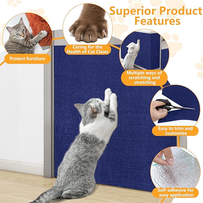 Cat Scratch Pad for Wall,Cuttable and Adhesive Cat Scratching Mat,Fun Interactive Scratcher,Cat Scratch Furniture Protector (Dark Blue,78.7×15.8inch)