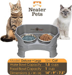 Neater Feeder Deluxe Mess-Proof Elevated Cat Bowls, 2 Height Adjustable (6” & 7.5”) No-Spill Raised Cat Bowl Stand, Whisker Friendly Stainless Steel Dishes for Indoor Cats, Made in USA, Grey