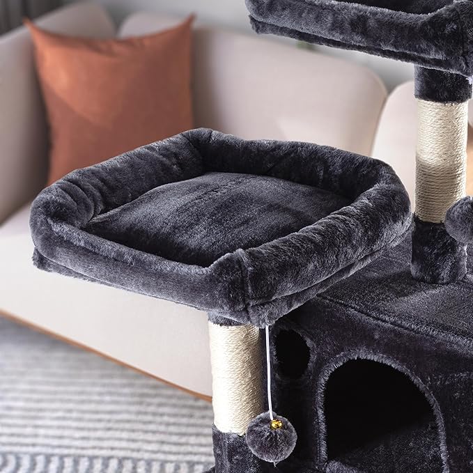 WEEWAY 68 Inches Multi-Level Large Cat Tree for Feline‌/Big Tower/Condo/Cozy Plush Kitty Perches/Fluffy Balls/Sisal Scratching Posts and Hammocks/Cave/Furniture Activity Center/Drak Grey
