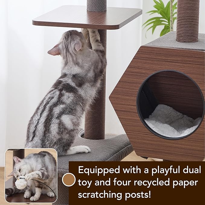 PetPals 5-Level 46.4” Mid-Century Modern Cat Tree with Hexagon Condo, Replaceable Recycled Paper Rope Scratchers, Washable Bed&Toys, Quick Assembly, Ideal for Medium Cats,Dark Brown