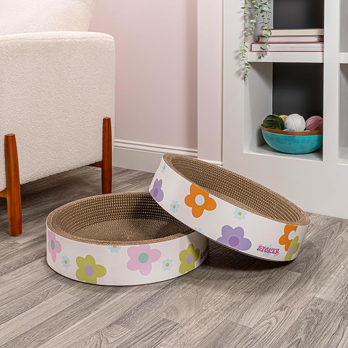 CSR1001A-SET2 Daisy 18.13" Modern Cardboard Bowl Cat Scratcher with Catnip, White/Multi (Set of 2)