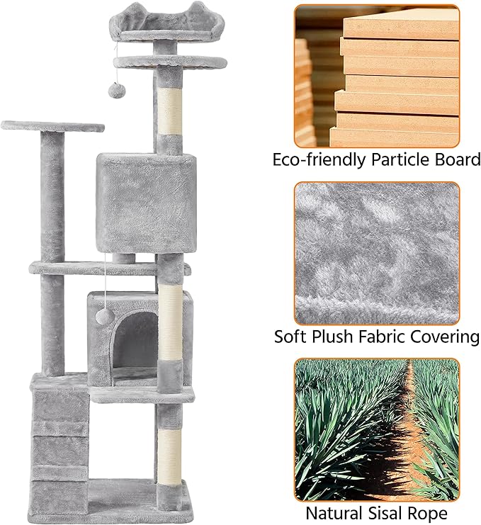 Topeakmart 70in Cat Tree, Multi-Level Cat Tower with Scratching Post Dangling Ball and Condos Cat Furniture for Indoor Cats, Light Gray