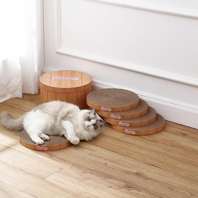 CSR1012C Kate 12 Inch Cardboard Cat Scratcher Pads with Box & Catnip, Reversible Heavy-Duty Scratch Boards for Cats, Furniture Protection, Classic Wood Finish, Brown, 5-Pack