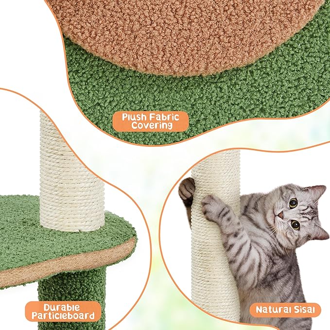 Topeakmart Cat Tree, 42in Pumpkin Cat Tower with Spring Teasing Ball and Leaf Shape Design, Cute Cat Tree with Natural Sisal Scratching Posts, Platform, Condo for Indoor Cats, Green & Brown