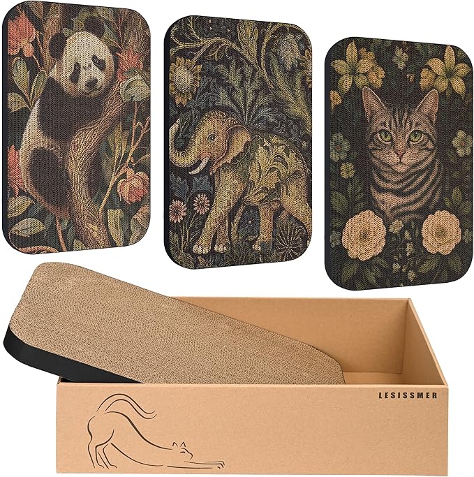 Art Cat Scratcher, 3 Packs Wall-Mountable Art Cat Scratching Board with Box, Cat Wall Scratcher, Cat Scratchers for Indoor Cats Toy Furniture Protector（Elephant&Cat&Panda）