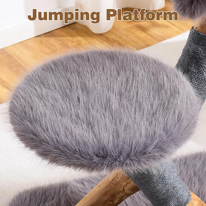 HITTITE Natural Solid Wood Cat Tree Tower with Scratching Post, 32 Inches Tall Modern Cat Tower with Cozy Bed and Platforms, Luxury Real Branch Cat Tree for Indoor Cats Large Adult, Grey.