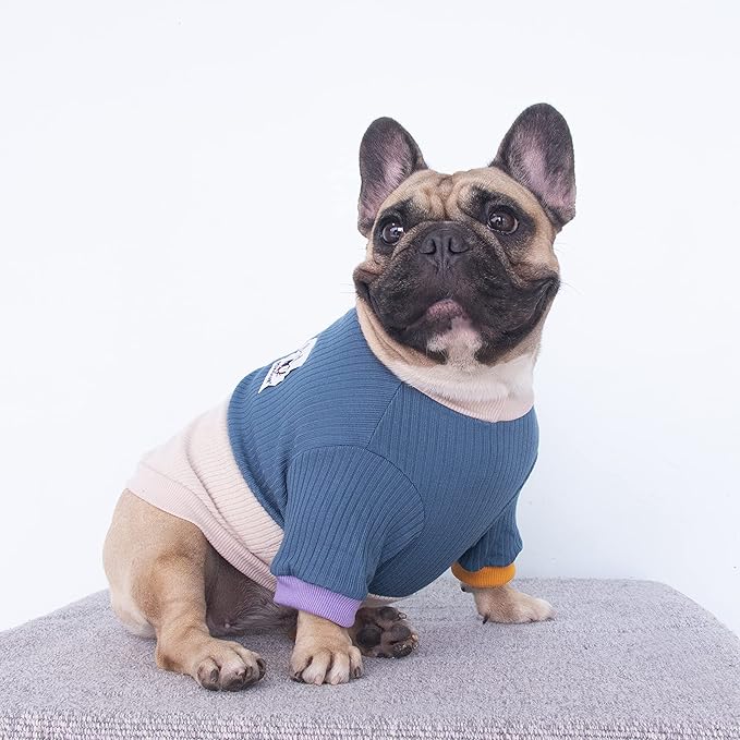 iChoue Pet Dog Crewneck Sweater Color Block Pullover Winter Warm Clothes for English Bulldog Bully Pitbull - Lake Blue and Yellow/XLarge