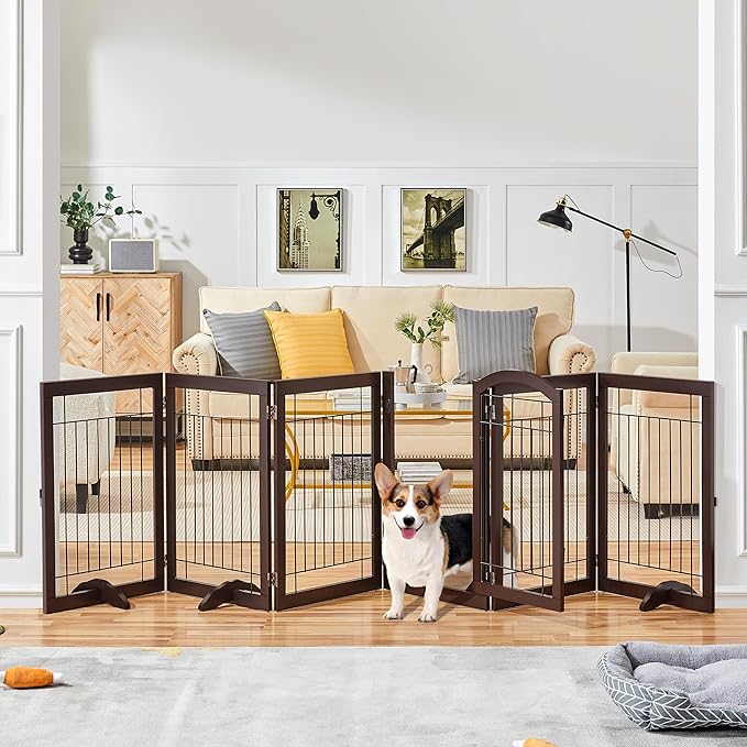 Yaheetech 32-inch Tall Dog Gate with Door Extra Wide Pet Gate for Dogs, Foldable Wire & Wooden Puppy Safety Fence w/3 Support Feet,Freestanding Dog Gate for the House,Doorway,Stairs(Espresso,6 Panels)