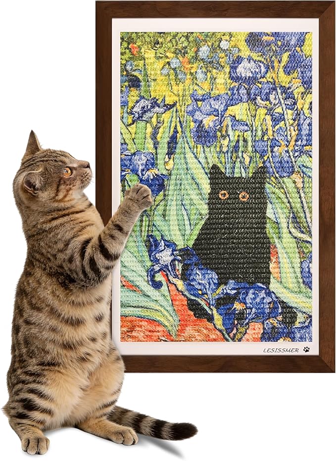 Wall Art Cat Scratcher Sisal Mat, No-Drill Wall Mounted Cat Scratch Pad with Frame, 13.8 x 21.7 Inch Cat Wall Scratchers for Indoor Cats（Irises）