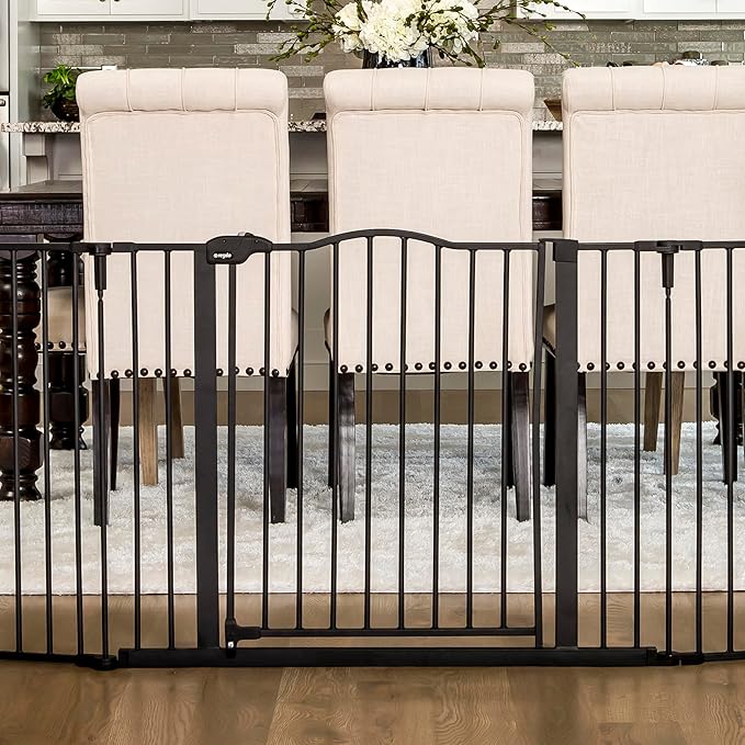 Regalo Safety 56-74.5" Super Wide Baby Gate for Doorways & Open Spaces, Wall Mounted Configurable Safety Gate with Walk-Through Door for Babies, Toddlers & Pets, Black