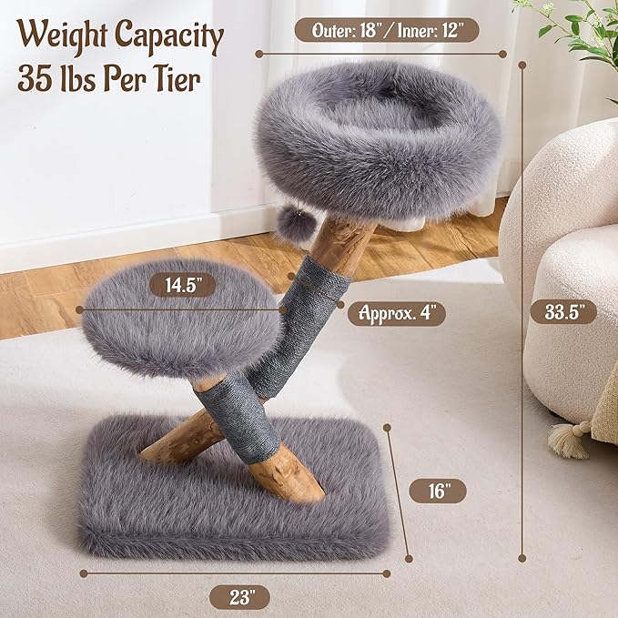 33" Modern Cat Tree for Indoor Cats, Aesthetic Natural Wood Cat Tower with Branch-Style Scratching Posts, Luxury Plush Faux Fur Cat Bed with Natural Loft, Perch & Hanging Ball, Almond Khaki