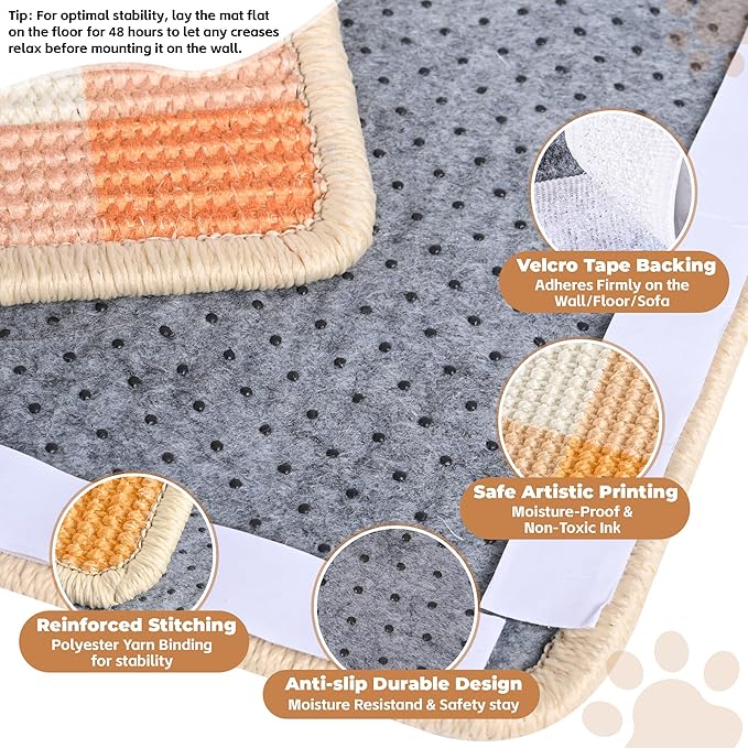 Cat Scratcher Mat, 23.6x15.7 Inch Natural Sisal Cat Scratch Pad, Horizontal Cat Scratching Pad Rug for Indoor Cats with Sticky Tapes, Protect Couch & Carpets（Orange White）