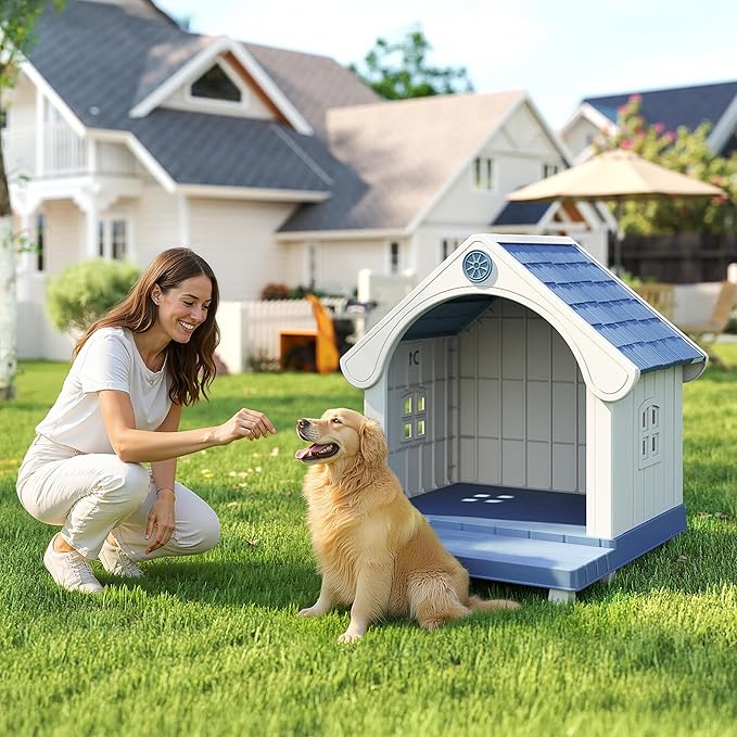 Dog Houses Outdoor, Large Dog House with Air Vents and Elevated Floor Dog House Bed for Outdoors,Courtyard,Lawn,Waterproof, Sturdy, Resin and Easy Assembly
