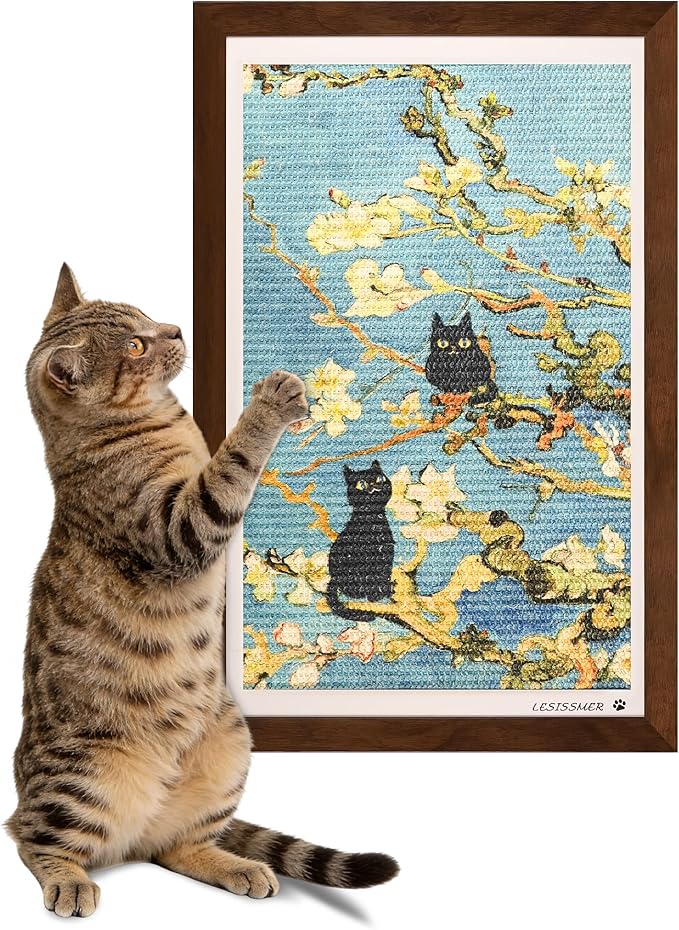 Wall Art Cat Scratcher Sisal Mat, No-Drill Wall Mounted Cat Scratch Pad with Frame, 13.8 x 21.7 Inch Cat Wall Scratchers for Indoor Cats（Almond Blossom）