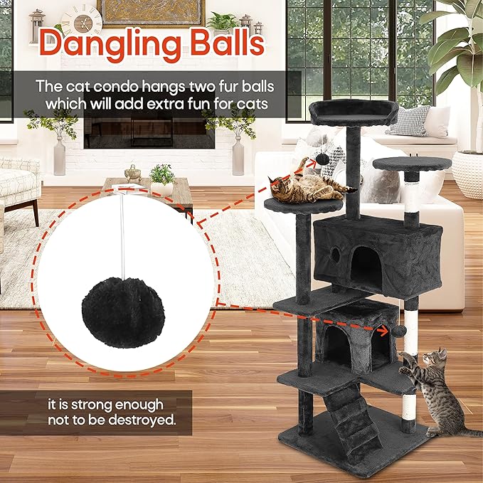 24/7 Shop at Home Court 54 inch Multi-Level Cute Cat Tree Tower with Dangling Ball and Scratching Posts for Indoor Cats Adults, Kitten Supplies, Pet House, Dark Gray