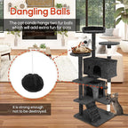 24/7 Shop at Home Court 54 inch Multi-Level Cute Cat Tree Tower with Dangling Ball and Scratching Posts for Indoor Cats Adults, Kitten Supplies, Pet House, Dark Gray