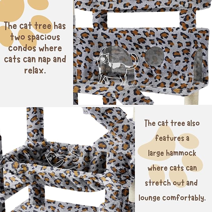 80 Inch Cat Tree, Large Cat Tower with 9 Scratching Posts, 2 Perches, 2 Caves, 2 Basket, 2 Stairs, Extra Large Hammock, Multi-Level Plush Cat Condo for Indoor Cats/Grey Leopard Print