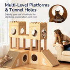 DIY Cardboard Cat House, Multi-Level Cat Tree Tower with Scratching Posts, Scratching Board, Tunnel & Playhouse for Kittens & Adult Cats, Recyclable 61″ × 36.6″ × 40.2″, Kraft Brown