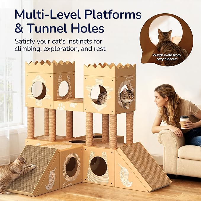 DIY Cardboard Cat House, Multi-Level Cat Tree Tower with Scratching Posts, Scratching Board, Tunnel & Playhouse for Kittens & Adult Cats, Recyclable 61″ × 36.6″ × 40.2″, Kraft Brown