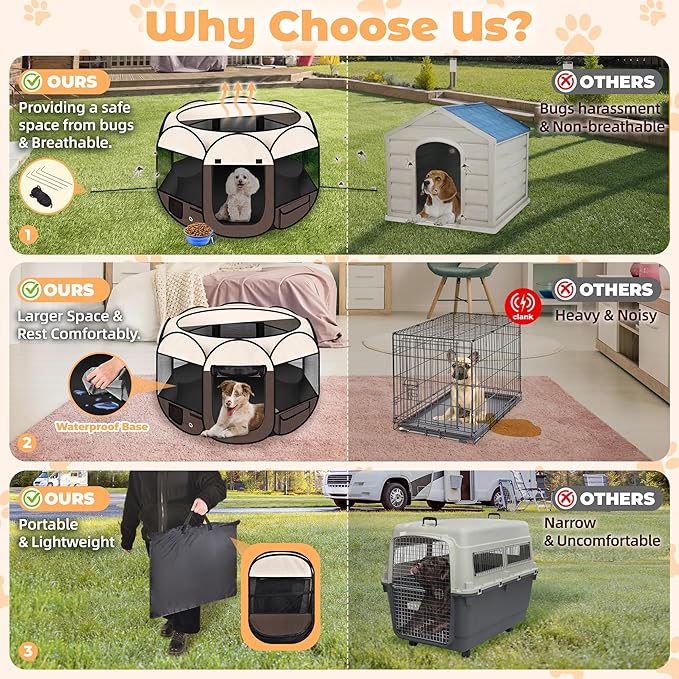 Dog Playpen 36", HOMAGICO Pet Playpen for Indoor Cats Enclosed, Portable Dog Cage Outdoor Tent Crate with Carrying Case,Water-Resistant and Removable Shade Cover,Brown