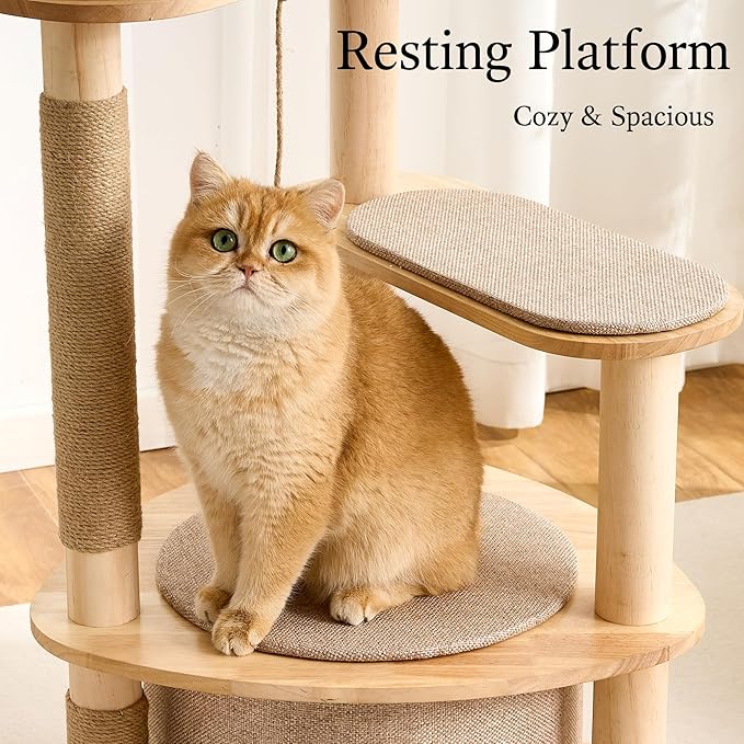 797Audio Modern Wood Cat Tree Tower, 46" Aesthetic Cat Tree with Natural Pine Wood Scratching Posts and Condo for Adult Cats, Solid Rubber Wooden & Linen Cat Tree,Multi-Level Tree for Indoor Cat