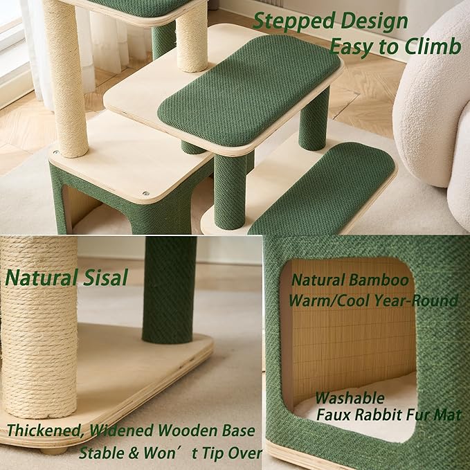 Modern Wood Cat Tree Tower for Large Cats - 43.5" Indoor Wooden Cat Condo with Sisal Scratching Posts, Washable Cushions, Large Top Perch & Easy Climb Steps for Elderly/Short-Legged Cats Multi-Cat Use