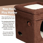 MidWest Homes for Pets Feline Nuvo Curious Cat Cube, Foldable Pet Hideout with Toy, Bolstered Bed Top, Faux Brown Suede, Synthetic Sheepskin