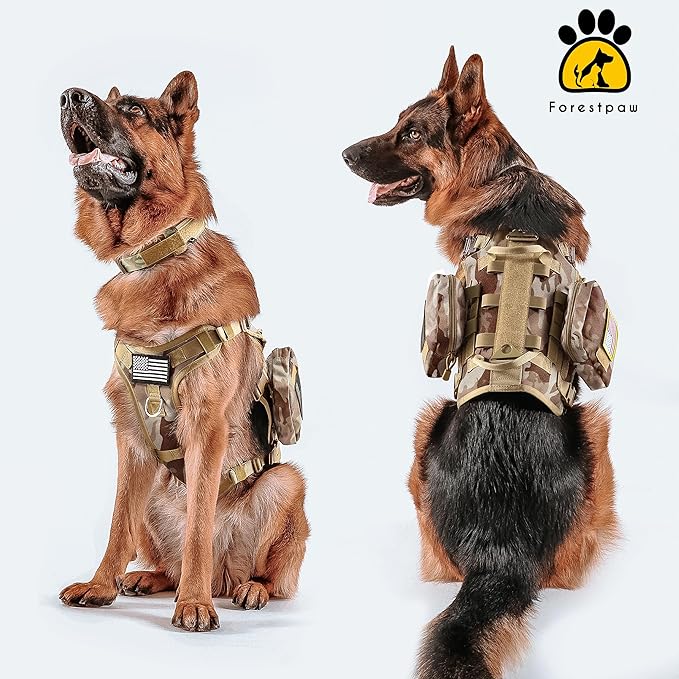 Forestpaw Dog Harness for Large Dogs,Tactical Dog Harness with Handle,No Pull Military Service Dog Vest with Pockets Adjustable for Walking Training,Camo Brown,Chest 21.5-45"