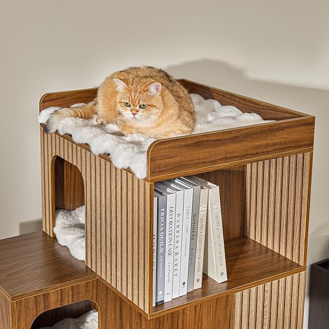 EUREKA ERGONOMIC Pawlio Cat Tree Bookshelf, Cat Bookcase, Modern Shared Bookshelf Cat Tree, Modern Pet Condo with Climbable Shelves, Indoor Dog and Cat Furniture, 72"(Walnut)