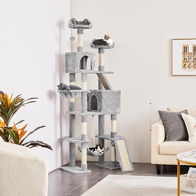 Topeakmart Cat Tree, 82.5in Climbing Tower with 2 Kitten-Ear-Style Top Perches, Hammock, Basket, Scratching Posts, Multilevel Pet Furniture Activity Center for Indoor Felines, Light Gray