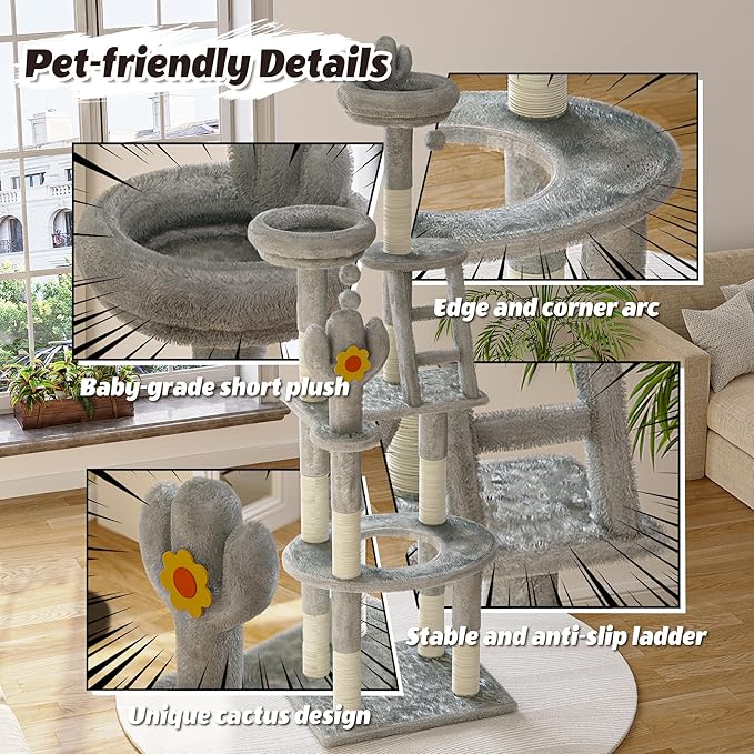72in Cat Tree Tall Cat Tower for Indoor Cats with Transparent Capsule, Sisal Scratching Posts, Plush Perches, Multi-Level Cat Activity Center Furniture for Kittens and Large Cats (Gray, 72.05in)