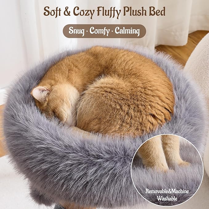 33" Modern Cat Tree for Indoor Cats, Aesthetic Natural Wood Cat Tower with Branch-Style Scratching Posts, Luxury Plush Faux Fur Cat Bed with Natural Loft, Perch & Hanging Ball, Almond Khaki