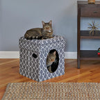 MidWest Homes for Pets Feline Nuvo Curious Cat Cube, Foldable Cat Hideout with Toy, Bolstered Bed Top, Gray Geo Print, Faux Fur
