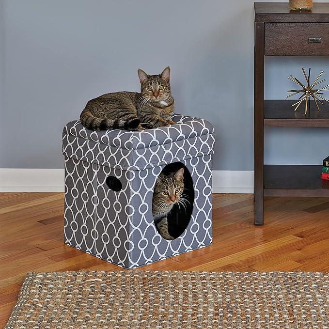 MidWest Homes for Pets Feline Nuvo Curious Cat Cube, Foldable Cat Hideout with Toy, Bolstered Bed Top, Gray Geo Print, Faux Fur