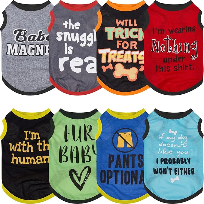 Saintrygo 8 Pieces Dog Shirts Pet Printed Clothes with Funny Letters Summer Pet T Shirts Cool Puppy Breathable Dog Outfit Soft Sweatshirt Cats(Classic Pattern,Large)