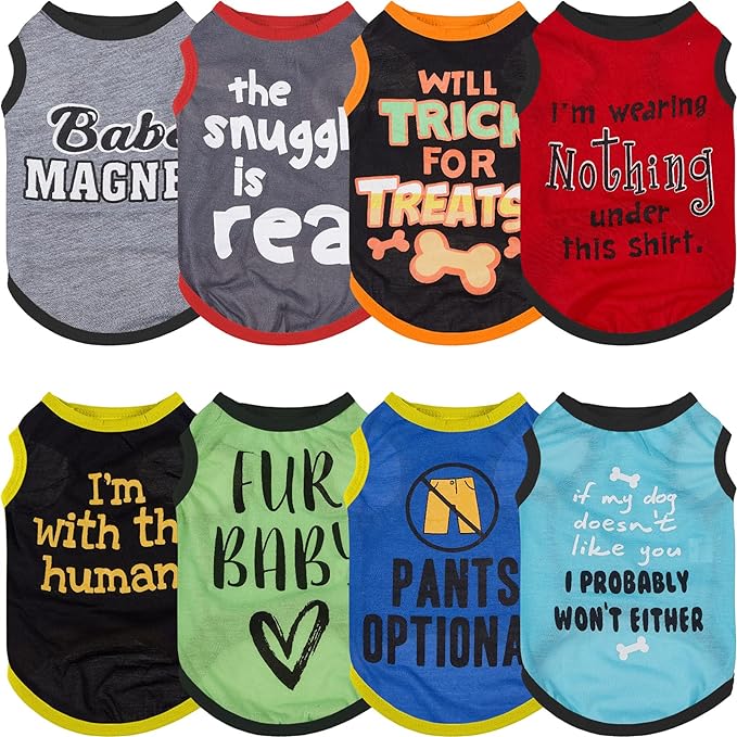 Saintrygo 8 Pieces Dog Shirts Pet Printed Clothes with Funny Letters Summer Pet T Shirts Cool Puppy Breathable Dog Outfit Soft Sweatshirt Cats(Classic Pattern,X- Large)