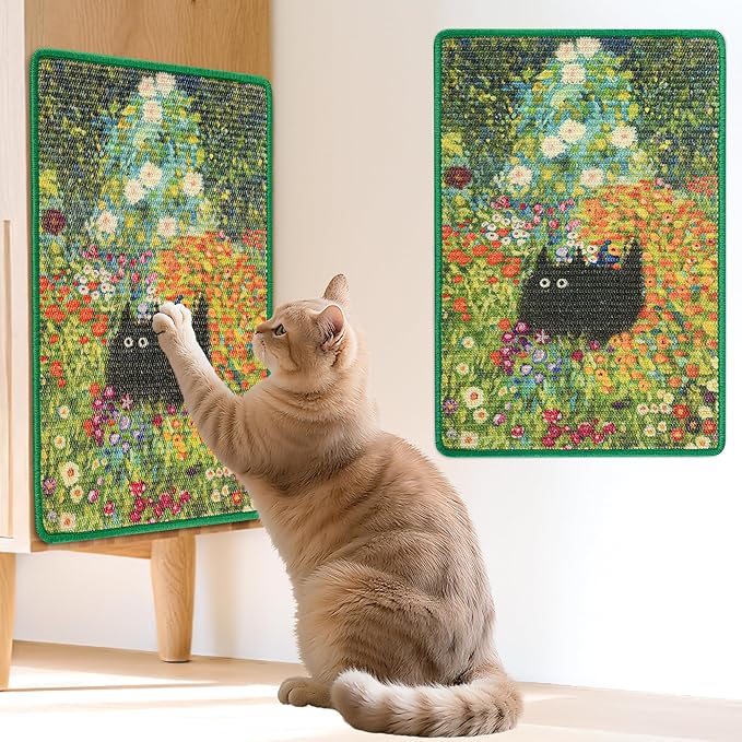 Sisal Cat Scratcher Mat, Cat Wall Scratcher for Indoor Cats, 23.6x15.7 Inch Cat Scratch Pad with Hook & Loop, Wall Mounted Cat Scratching Post to Protect Couch and Carpet（Flower Garden）