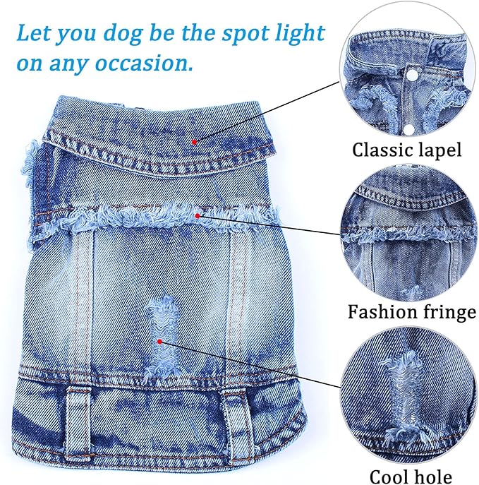 Dog Jean Jacket, Blue Denim Lapel Vest Coat T-Shirt Costume Cute Girl Boy Puppy Clothes, Comfort and Cool Apparel, for Small Medium Dogs Cats, Machine Washable Outfits (Small, Blue)