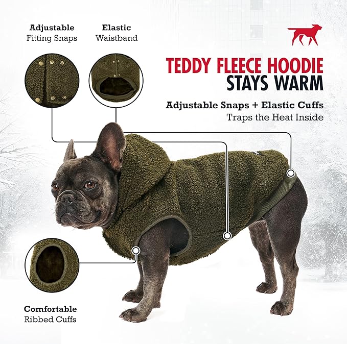 Tuff Pupper Fleece Dog Hoodie Sweater | Teddy Sherpa Outer & Soft Polar Fleece Lining | Adjustable Fit Winter Coat with Hood, Leash Hole, Ribbed Cuffs | for Small Medium Large XL XXL Dogs (Olive, XS)
