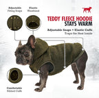 Tuff Pupper Fleece Dog Hoodie Sweater | Teddy Sherpa Outer & Soft Polar Fleece Lining | Adjustable Fit Winter Coat with Hood, Leash Hole, Ribbed Cuffs | For Small Medium Large XL XXL Dogs (Olive, XXS)
