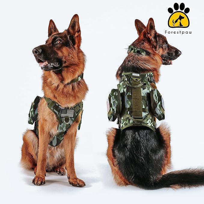 Forestpaw Dog Harness for Large Dogs,Tactical Dog Harness with Handle,No Pull Military Service Dog Vest with Pockets Adjustable for Walking Training,Camo Green,Chest 21.5-45"