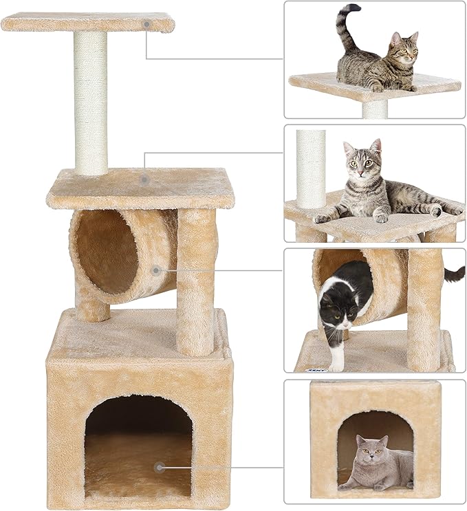 37" Multi-Level Cat Tree Activity Tower Climber Tower Cat House Furniture w/Condos Platform Tunnel Scratching Posts for Kittens