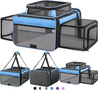 Top and 2 Sides Expandable Cat Carrier 18x13.5x9.5, TSA Airline Approved Dog Carriers for Small Dogs, Soft-Sided Pet Carrier with Self-Locking Zippers for Kitten,Rabbit, Puppy, Guinea Pig Blue