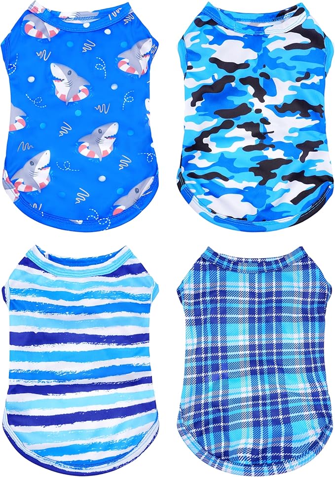 PET SHOW 4 Pack Paw Bone Printed Dog Clothes Shirts Soft Vest Lightweight Sleeveless Cats Doggies T-Shirts Puppies Tank Top Tee for Small Medium Dogs White Black Pink Blue (XX-Large, Blue for Boys)