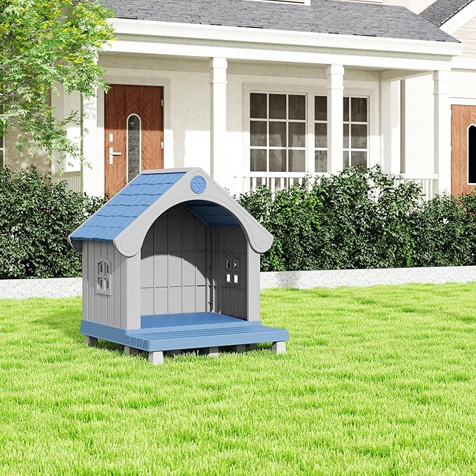Fancyango Large Dog House Outdoor Indoor, Sturdy Plastic Waterproof Doghouse with Air Vents and Elevated Floor, Easy Clean and Assemble for Medium Large Dogs (Blue, 33" L×31.5" W×38" H)