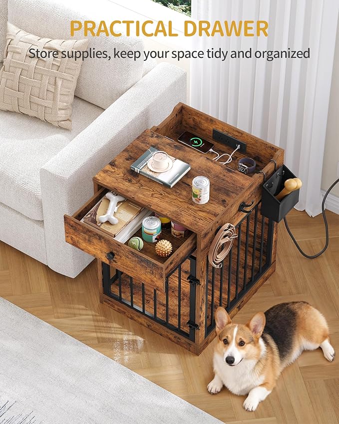 24.6'' Dog Crate Furniture with Charging Station, Dog Kennel Indoor with Flip-Top Storage, Wooden Pet Cage Dog House End Side Table for Small Dog Anti-Chew Anti-Escape, Rustic Brown DFC90101B