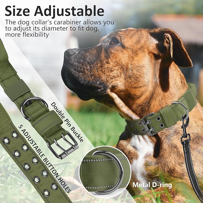 Tactical Dog Collar with Control Handle, Military Adjustable Pet Collar Reflective Heavy Metal Buckle Dog Collar, Soft Nylon Training Collar for Medium Large Dogs (Green, Medium)