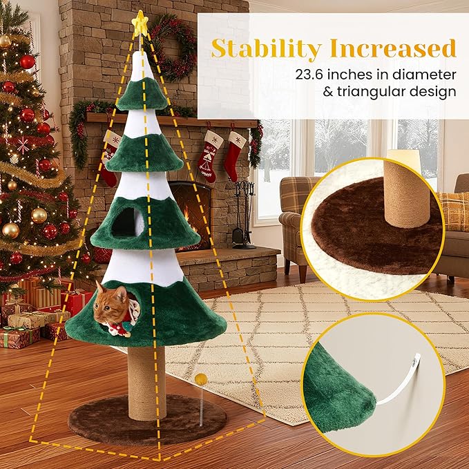 62" Cat Tower for Indoor Cats, Multi-Level Wooden Cat Tree with Sisal Scratching Posts, Cozy Cat Beds & Modern Holiday Design, Green