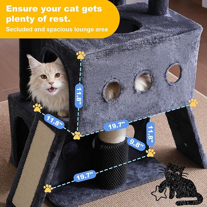 Hey-brother Cat Tree Tower, 71.5 Inches Scratching Posts with Extra Large Platform, 2 Cozy Condos, 2 Hammocks and Scratch Boards, Multi-Level House for Multiple Indoor Cats, Smoky Gray MPJ085G